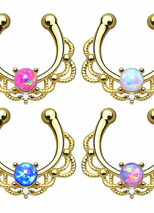 Fake Septum Nasenring vergoldet Tribal mit Opal