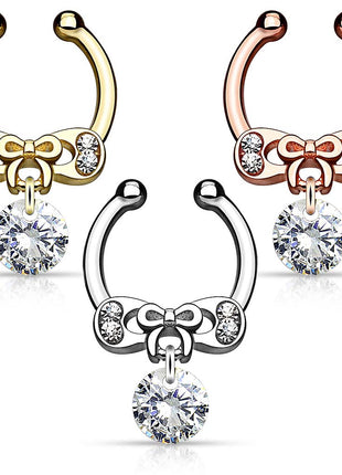 Fake Septum Nose Piercing Clip On Shield Bow with Crystal 