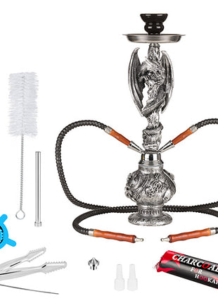 Orientalische 2 Schlauch Shisha Wasserpfeife Drache Silber 45cm inkl.Kohle