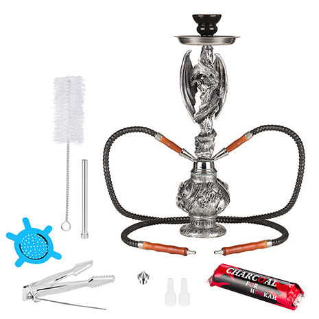 Orientalische 2 Schlauch Shisha Wasserpfeife Drache Silber 45cm inkl.Kohle