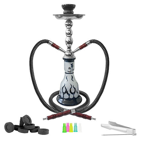 Orientalische 2 Schlauch Wasserpfeife 45cm Shisha Schwarz Flammen inkl. Kohle