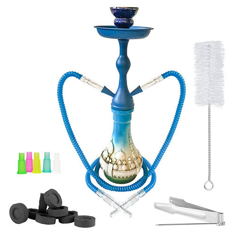 Orientalische 2 Schlauch Wasserpfeife 45cm Shisha Set Moschee Blau mit Kohle