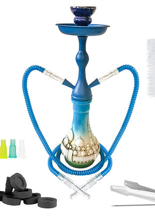 Orientalische 2 Schlauch Wasserpfeife 45cm Shisha Set Moschee Blau mit Kohle