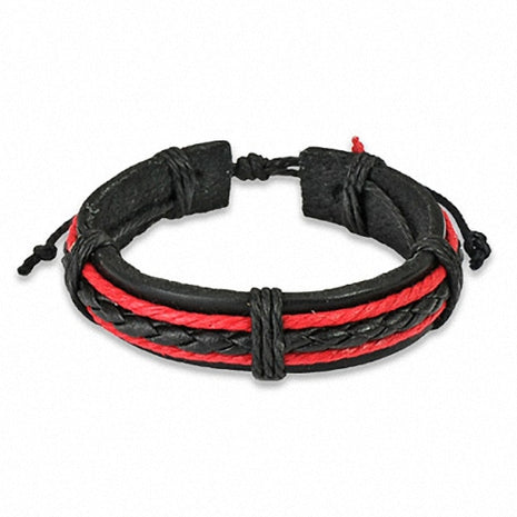 Surfer Style Lederarmband geflochten Schwarz / Rot