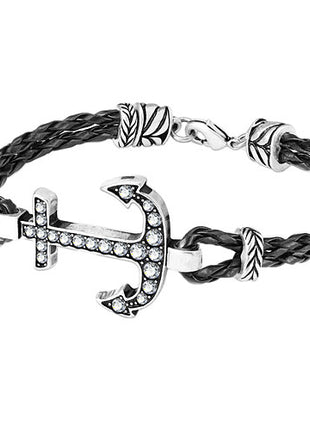 Armband Schwarz Kreuz Antik mit Kristallen Vintage Style Kunstleder