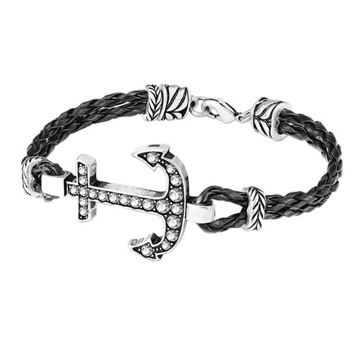 Anker Armband Schwarz Kunstleder Kristalle Unisex maritimer Schmuck