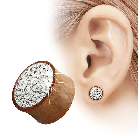 Wooden Ear Plug Tunnel Brown with Crystals Double Flared 