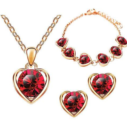 Schmuck-Set 3-teilig Roségold IP mit Swarovski Elements in Herz Form Rot