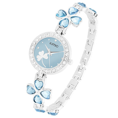 Damen Armbanduhr mit Kristallen und Glücksbringer Kleeblatt