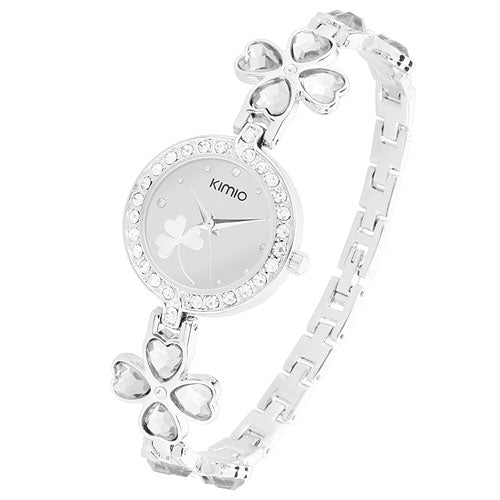 Damen Armbanduhr mit Kristallen und Glücksbringer Kleeblatt