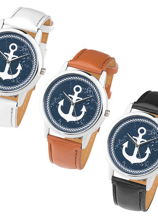 Wristwatch with Anchor Maritime Vintage Style Unisex Quartz Watch Leather Strap 