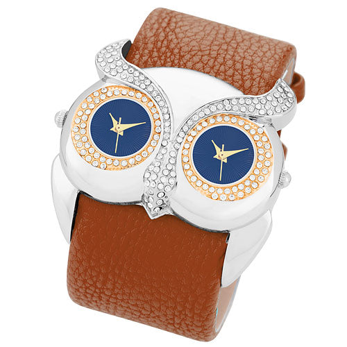 Armbanduhr für Damen Dual Uhr Eule mit Kristallen besetzt 2 Zeitzohnen
