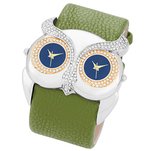 Armbanduhr für Damen Dual Uhr Eule mit Kristallen besetzt 2 Zeitzohnen
