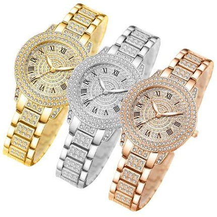 Damen Kristall Armbanduhr Mädchen Uhr mit römischen Ziffern