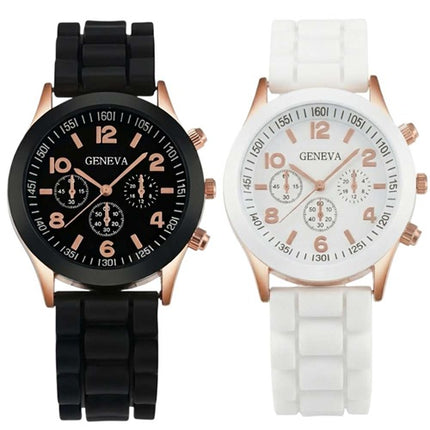 Damenuhr mit Silikonarmband und roségoldenem Gehäuse in Schwarz oder Weiß