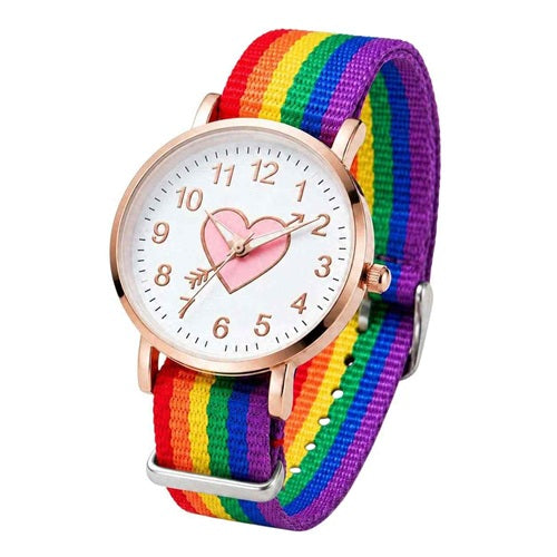 Armbanduhr Regenbogen Stoffarmband Herz Bunte Kinder Freizeituhr LGBTQ