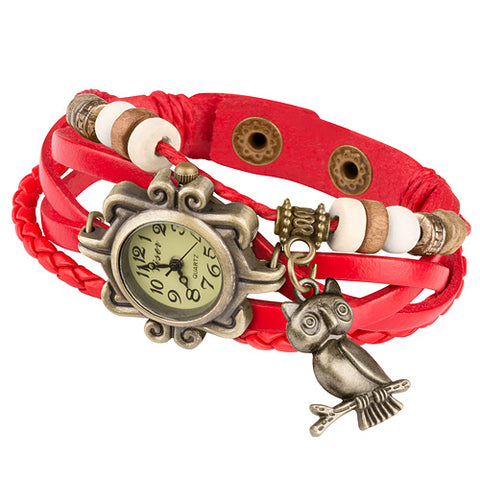 Damen Lady Vintage Retro Quarz Armbanduhr mit Eule
