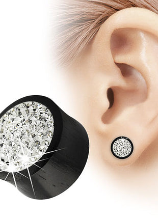 Wooden Ear Plug Tunnel Black with Crystals Double Flared 