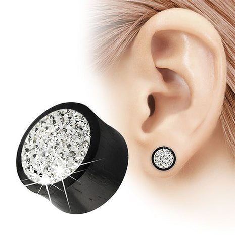 Wooden Ear Plug Tunnel Black with Crystals Double Flared 