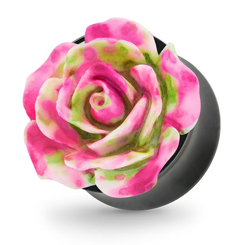 Ohr Tunnel Plug mit wunderschöner Rose Pink,Grün in 3D Optik
