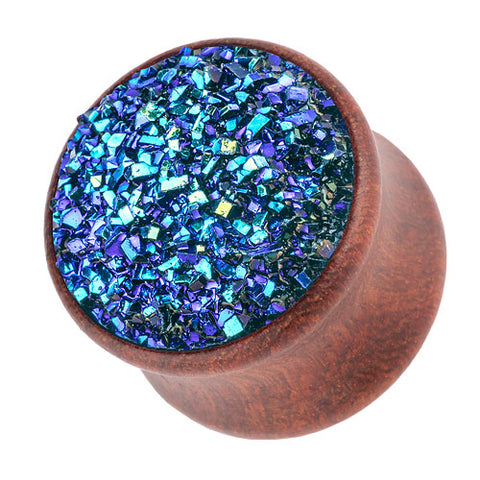 Organischer Holz Ohr Plug Braun mit Kristall Glitter Blau