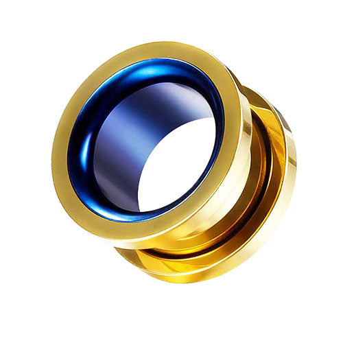 Flesh Ohr Tunnel zweifarbig Gold mit Blau und Schraubverschluss