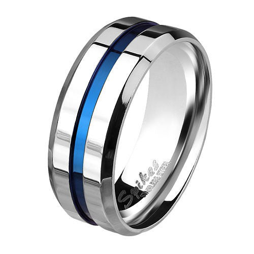 Schöner Zwei Ton Edelstahl Ring Silbern poliert mit blauen Inlay