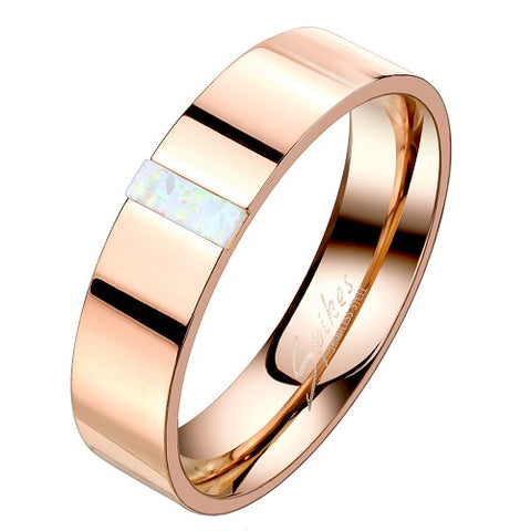 Edler Edelstahl Ring Schmuck Fingerring mit eingefasste rechteckigen Opal Rose vergoldet