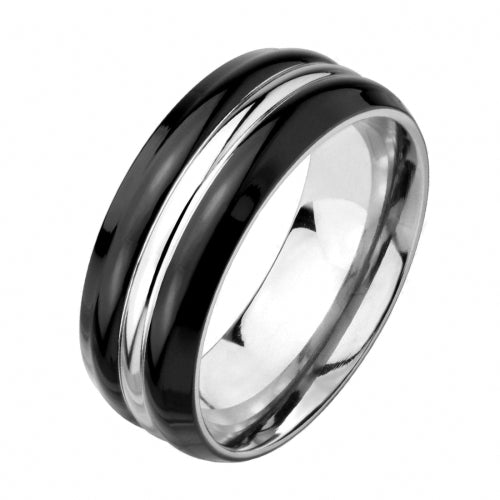 Titan Herren Ring Schwarz Poliert mit Silbernen Inlay Center