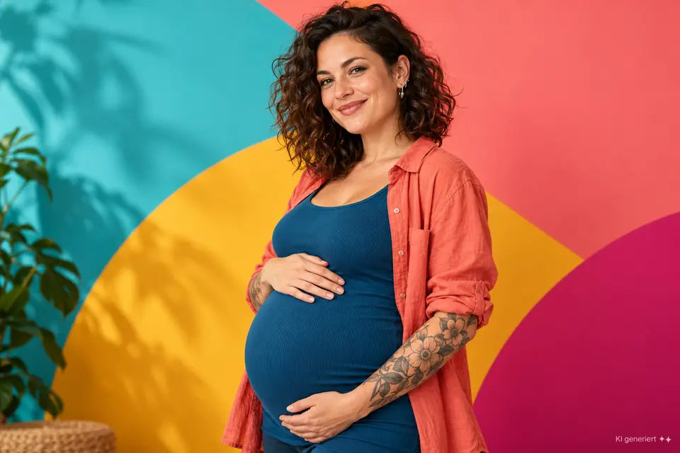 Schwangeres tätowiertes Model vor einem bunten Hintergrund als Ratgeberbild zu Schwangerschaft und Piercings.
