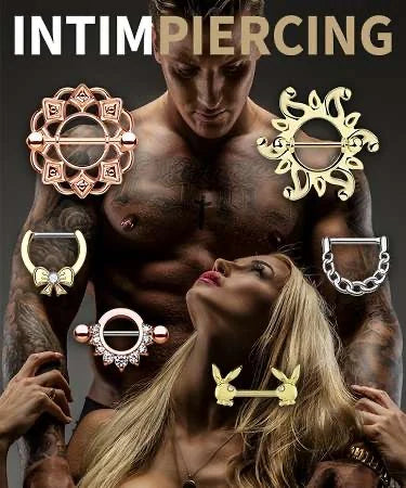 Intimpiercing-Kategoriebanner mit Models und einer Auswahl an Ringen, Stäben und Piercingschildern.