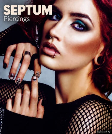 Model mit Septumring und Ringen an den Fingern im Septum-Kategoriebanner.