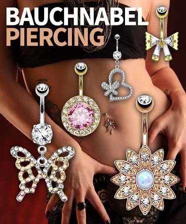 Kategoriebanner mit Bauchnabelpiercings, Schmucksteinen und Anhängern vor einem bauchfreien Outfit.