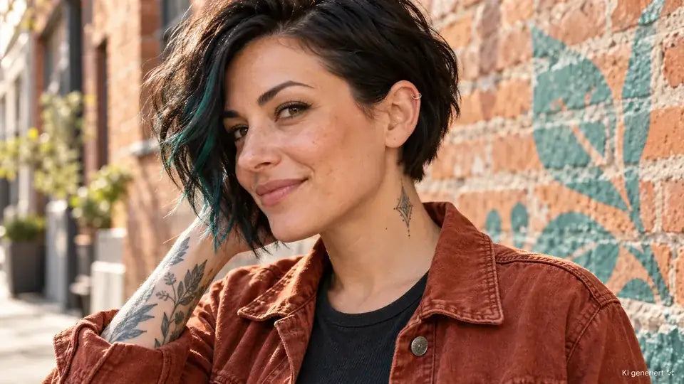 Model mit Tattoos und silberfarbenem Helixring vor einer Ziegelwand (KI-generiertes Beispiel).